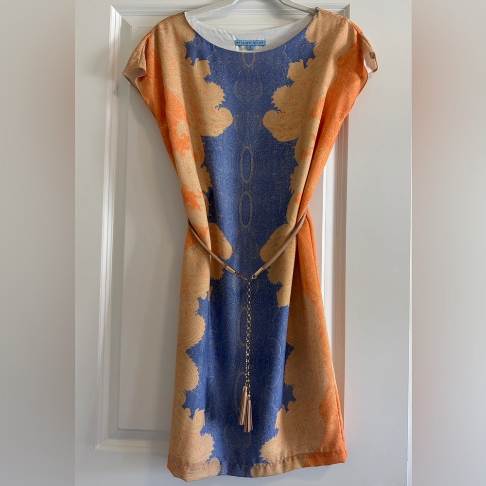 Antonio Melani Orange and Blue Short Sleeve Belted Shift Dress